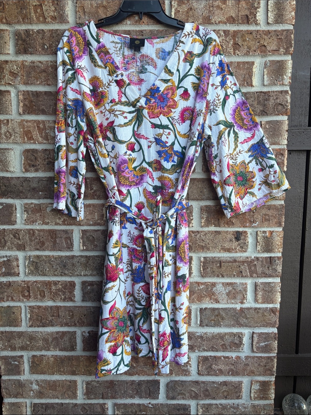 JM collection Floral linen blend Dress with Belt - White Multi